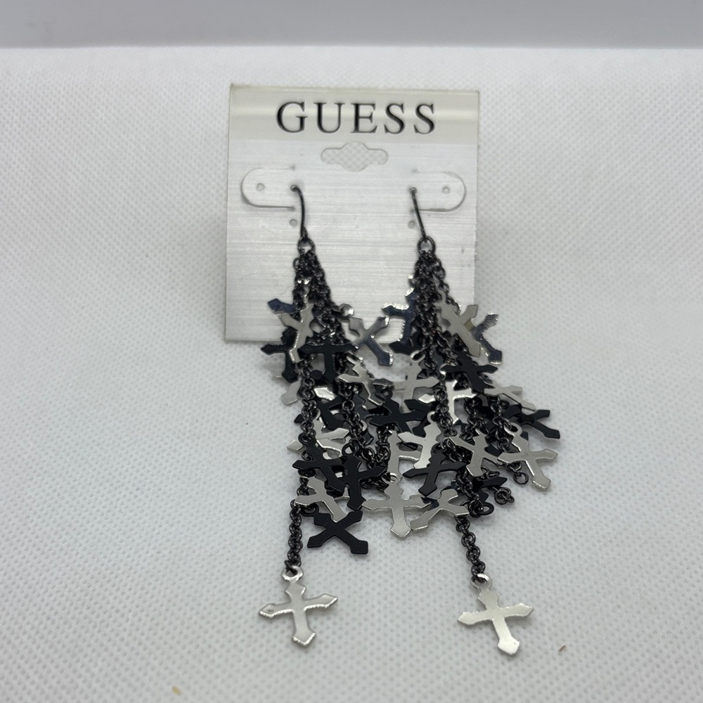 GUESS Black and Silver Cross Chain Earrings